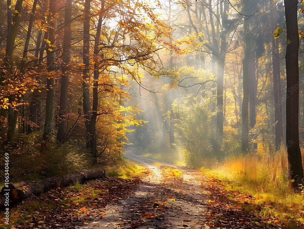 Obraz premium A golden path winds through vibrant autumn trees, bathed in sunlight in v6 style r004070.