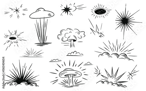 A collection of hand-drawn illustrations featuring various explosion effects, including a nuclear explosion, a meteor strike, and a bright star.