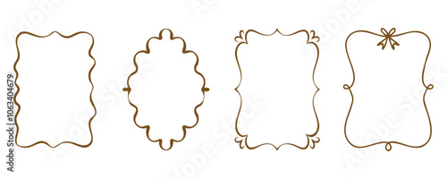 Four different decorative frames in a brown outline, ready to be used for various purposes. They feature unique shapes and styles, including wavy, rounded, and floral elements.