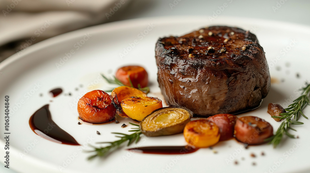 Dish of filet mignon with roasted vegetables and herbs on white plate Dish of filet mignon with roasted vegetables and herbs on white plate