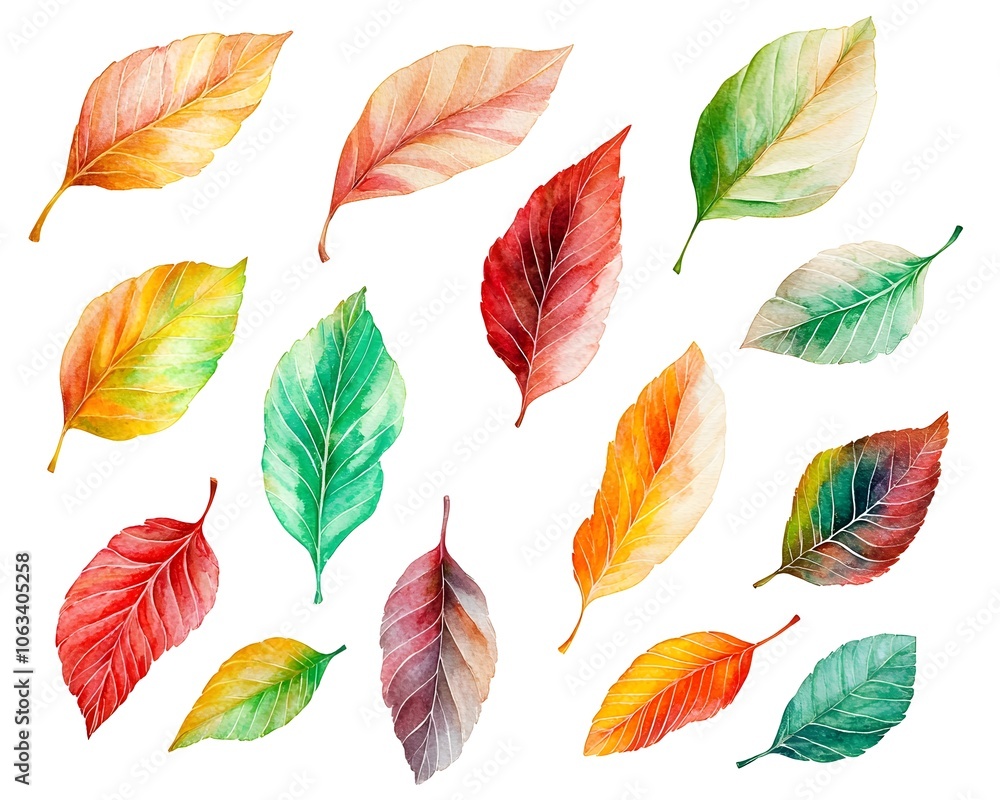 Vibrant Watercolor Autumn Leaf Set in Swirling Pattern on White Background Vibrant Watercolor Autumn Leaf Set in Swirling Pattern on White Background