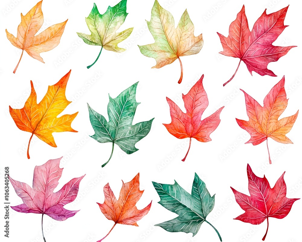 Obraz premium Vibrant Watercolor Autumn Leaves Swirling in Gradient Pattern on White Background