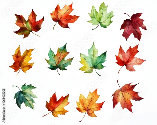 Vibrant Watercolor Autumn Leaves Swirling Pattern on White Background