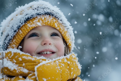 A little girl wearing a yellow jacket and a yellow hat in the snow.