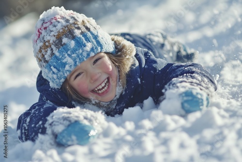 A little girl laying in the snow with a smile on her face.