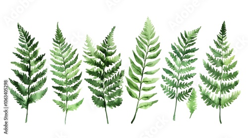 Vibrant Watercolor Fern Leaves Arranged in Flowing Organic Pattern on Pristine White Background