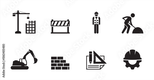 simple set of construction icon, safety, blueprint, building, builder vector illustration