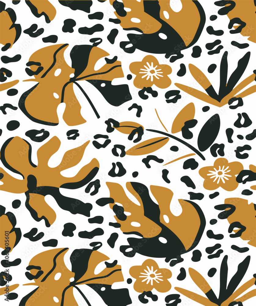 Naklejka premium tropical leaves with animal skin pattern,vector,seamless pattern,illustration