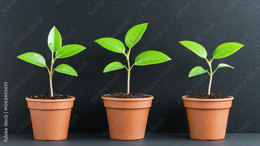 Growth of Plants in Pots on Dark Background Growth of Plants in Pots on Dark Background