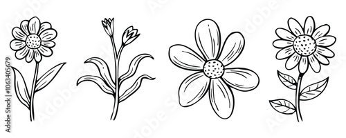 A set of four hand-drawn flowers in black and white. The flowers are simple and elegant, with a delicate line style.