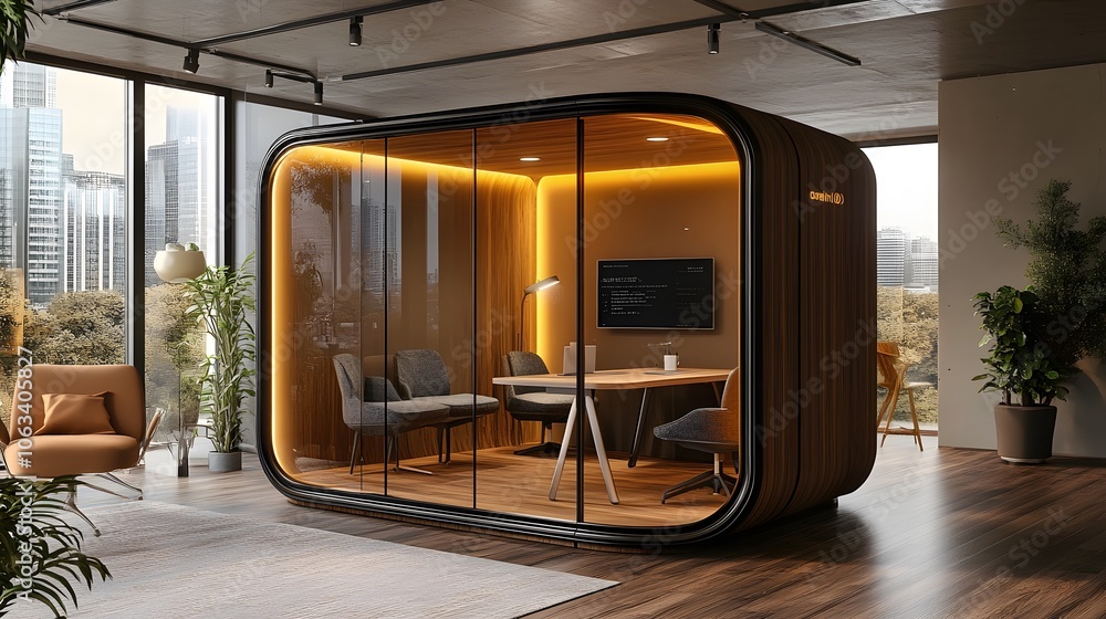 Contemporary office meeting pod featuring brown walls, wooden flooring, ergonomic chairs, indoor plants, industrial ceiling, and glass partitions in warm lighting atmosphere. Contemporary office meeting pod featuring brown walls, wooden flooring, ergonomic chairs, indoor plants, industrial ceiling, and glass partitions in warm lighting atmosphere.