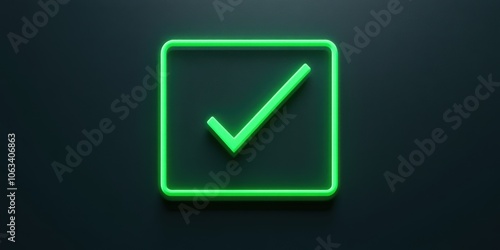 A glowing green checkmark inside a square, symbolizing approval or confirmation against a dark background.