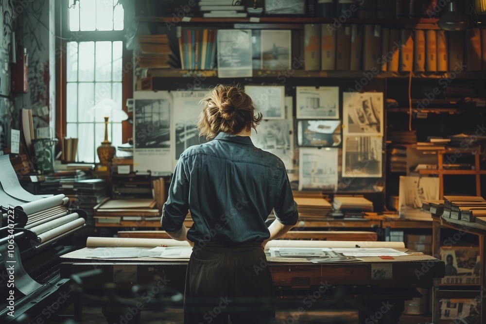 In a lively print shop, someone studies designs at a wooden table, lost in creativity In a lively print shop, someone studies designs at a wooden table, lost in creativity