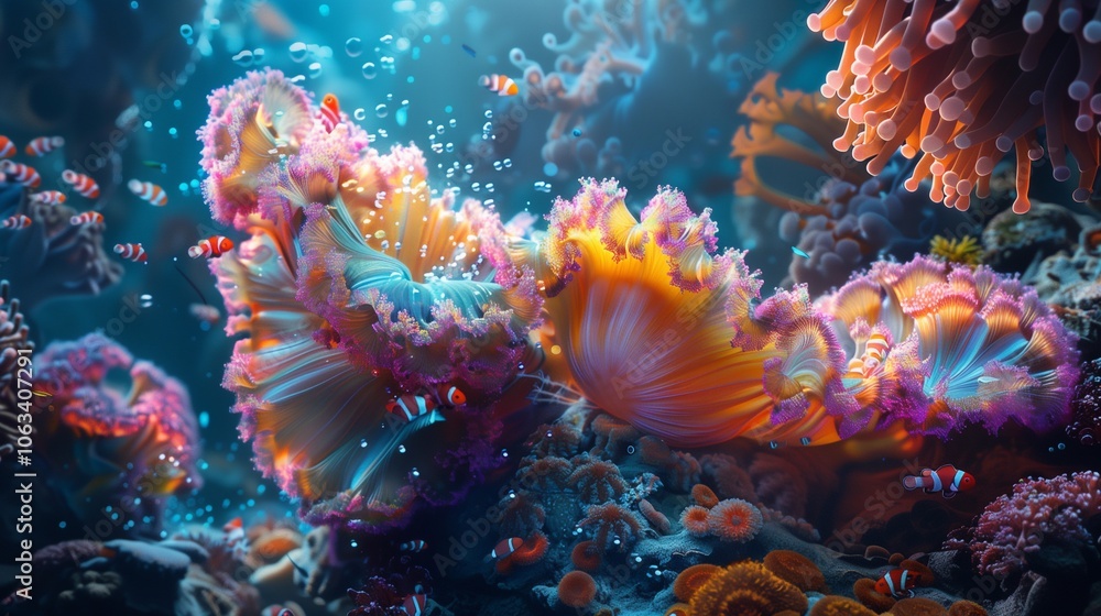 A lively underwater habitat features an array of colorful coral and small fish swimming A lively underwater habitat features an array of colorful coral and small fish swimming