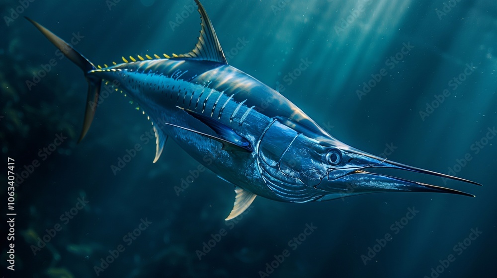 Naklejka premium A stunning blue marlin glides through deep waters, displaying vibrant colors and grace