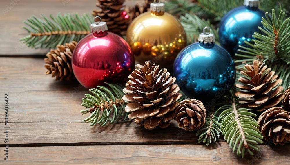 Shiny Ornaments and Pinecones Showcase Holiday Decor on Wooden Table. Generative AI Shiny Ornaments and Pinecones Showcase Holiday Decor on Wooden Table. Generative AI