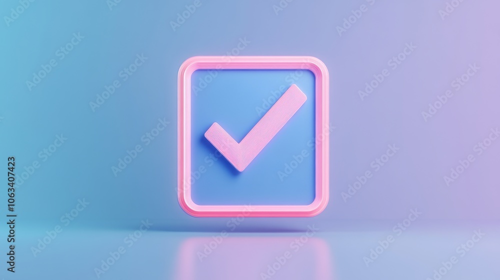 A stylized checkmark icon surrounded by a glowing pink outline, set against a soft gradient background of blue and purple hues. A stylized checkmark icon surrounded by a glowing pink outline, set against a soft gradient background of blue and purple hues.