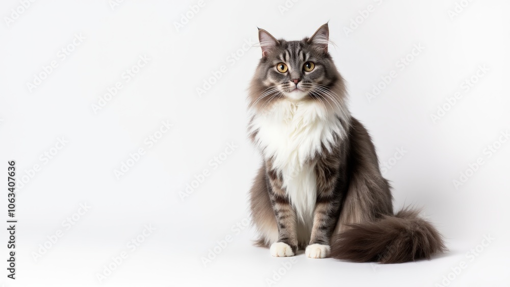 Grey and white Maine Coon with fluffy fur, sitting on a white background with ample copy space Grey and white Maine Coon with fluffy fur, sitting on a white background with ample copy space