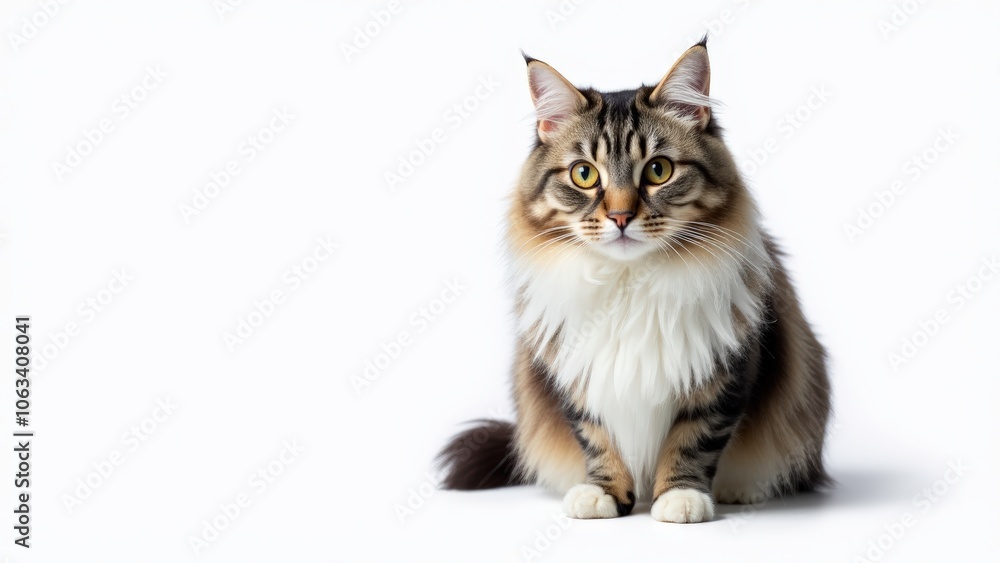 Obraz premium Elegant grey and white Maine Coon cat with thick fur, sitting on a white background with room for text