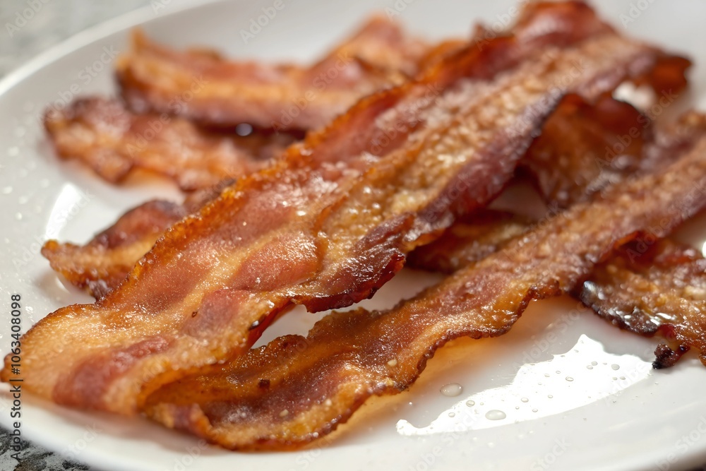Freshly Cooked Crispy Bacon Strips on a Plate Freshly Cooked Crispy Bacon Strips on a Plate