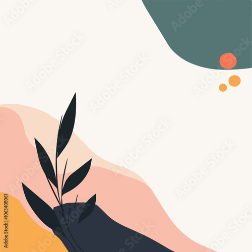 Abstract background with organic shapes plants and leaves in pastel colors Contemporary collage style banner template social media advertising post greeting cards invitation cover wallpaper modern