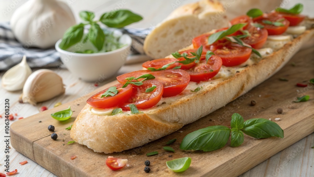 Sliced Baguette Topped With Tomatoes and Garlic on a Wooden Board. Generative AI Sliced Baguette Topped With Tomatoes and Garlic on a Wooden Board. Generative AI