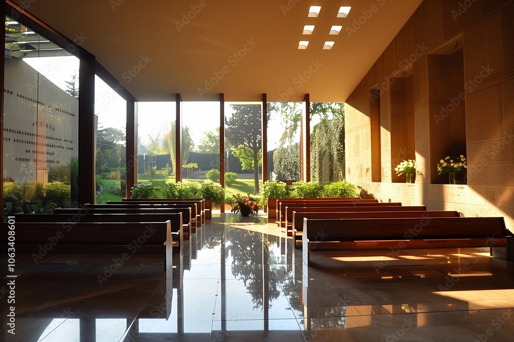 Fototapeta premium The serene interior of a modern funeral hall features sunlight streaming through large windows