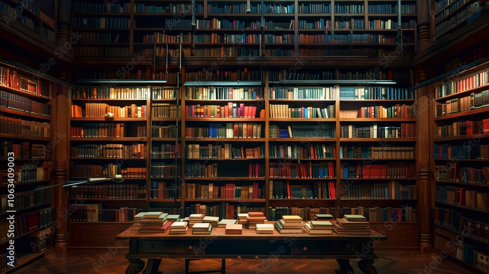 Colorful bookshelves fill the library with warmth as evening light streams in Colorful bookshelves fill the library with warmth as evening light streams in