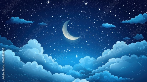Black dark blue white starry cloudy night sky background. Above the clouds. Moonlight. The sparkle of twinkling stars. Outer space universe infinity cosmos. Design. Dream. Christmas. Product. Stage.