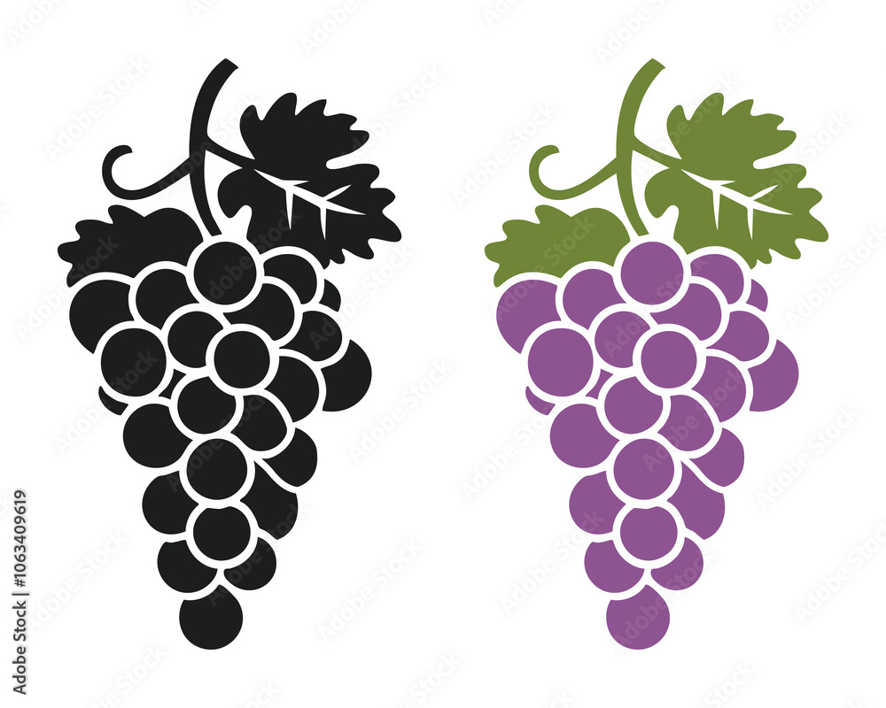 Fototapeta premium A simple illustration of a bunch of grapes with a leaf on a white background.