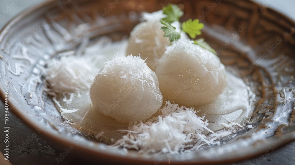 A beautifully crafted image of three Khanom Thai, a sweet dish made with coconut creme, tapioca starch, and sugar A beautifully crafted image of three Khanom Thai, a sweet dish made with coconut creme, tapioca starch, and sugar