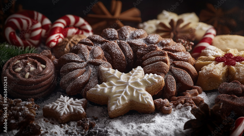 Fototapeta premium Holiday cookies—sugar stars, cinnamon snowflakes, and chocolate peppermint—arranged with candy canes, dusted with powdered sugar on a dark background. Warm light adds a cozy, inviting feel.