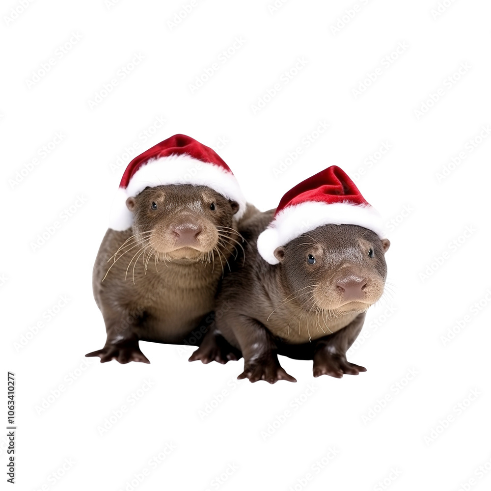 Two Otters Wearing Santa Hats for Christmas Two Otters Wearing Santa Hats for Christmas