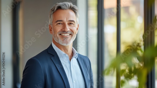 Head And Shoulders Portrait Of Smiling Mature Businessman Standing By Window In Office