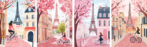 Paris spring streets with blooming sakura and Eiffel Tower Romantic cityscape with woman riding bicycle Pink colors French architecture Travel and tourism concept Holiday and vacation theme