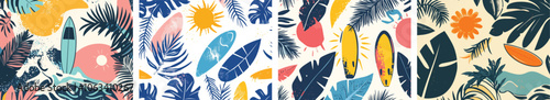 Summer tropical seamless pattern set with colorful exotic leaves and surfboards Creative tropics layouts ideal for fabric textile wallpaper apparel wrapping paper web design nature beach vacation