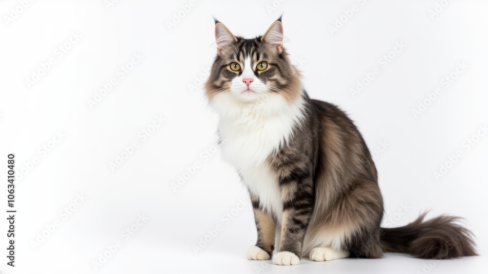Obraz premium Close-up portrait of a grey and white Maine Coon cat with detailed fur and expressive eyes on a plain background