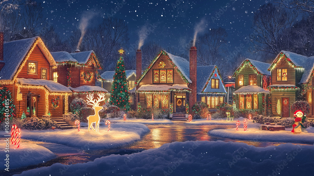 A vibrant outdoor scene of houses adorned with colorful Christmas lights, including candy canes and glowing reindeer. Snow covers the rooftops, and light reflections shimmer on the ground A vibrant outdoor scene of houses adorned with colorful Christmas lights, including candy canes and glowing reindeer. Snow covers the rooftops, and light reflections shimmer on the ground