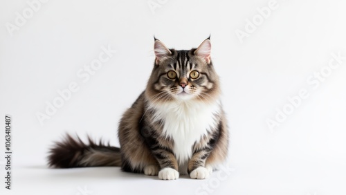 Grey and white Maine Coon cat in a detailed close-up, sitting on a white background with ample copy space