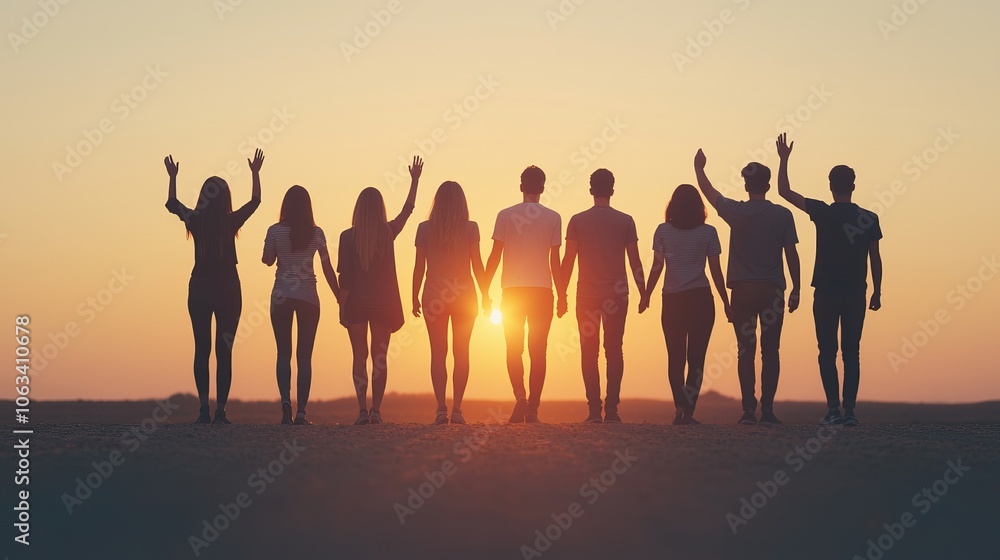 Fototapeta premium A group of friends stands together at sunset, waving joyfully, symbolizing friendship and togetherness.