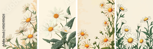 Four variations of daisy flower arrangements on a cream background White petals yellow center green leaves botanical illustration floral design daisy bouquet nature blossom bloom spring summer garden