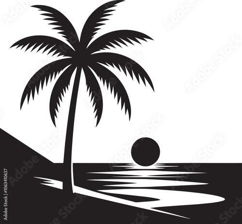 silhouette of palm tree on beach vector art illustration.