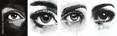 Four variations of a close-up eye illustration Eyelashes eyebrow pupil iris vision sight looking watching observing black and white monochrome halftone stipple dot pattern design element graphic art