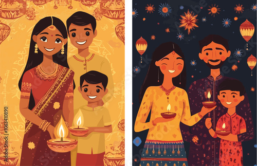 Happy Diwali Indian family celebrating Diwali festival together holding Diya lamps beautiful cultural illustration festive season greetings card design traditional clothing mother father and child