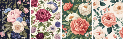 Seamless floral patterns collection Vintage botanical backgrounds Colorful roses peonies and leaves prints Elegant flower designs for fabric wallpaper or wrapping paper Ideal for wedding invitations