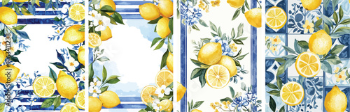 Watercolor lemon seamless pattern Citrus fruit background Summer design Yellow blue stripes backdrop Mediterranean style print Fresh lemon botanical illustration Fruit repeating wallpaper design