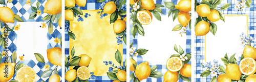 Watercolor lemon frame collection Fresh lemons leaves and flowers on blue checkered background Ideal for summer invitations stationery branding or social media posts Lemon citrus fruit design for