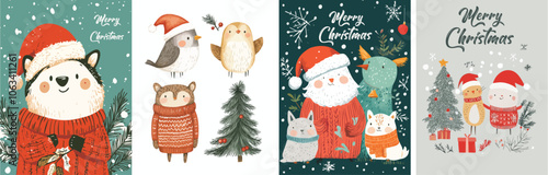 Christmas animals celebrating holidays Cute festive animal characters wearing Christmas sweaters Santa Claus owl bear cat dog and snowman Xmas greeting card design Festive winter holidays New Year