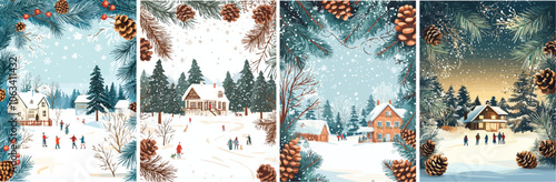 Winter wonderland scenes Christmas village snowy landscape festive holiday season pine branches and cones wintertime snow covered houses cozy homes families enjoying winter activities Christmas