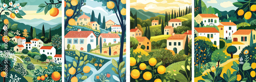 Tuscan landscape Italy countryside village houses orange trees flowers nature summer spring travel tourism Italy illustration Mediterranean scenery picturesque charming tranquil serene idyllic